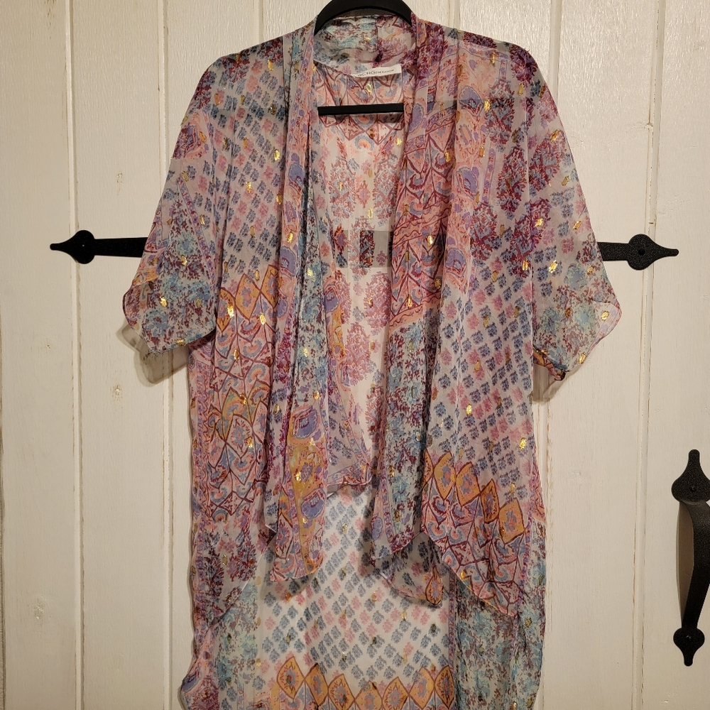 BCBG Womens Coverup Colorful Sheer Kimono Metallic One Size